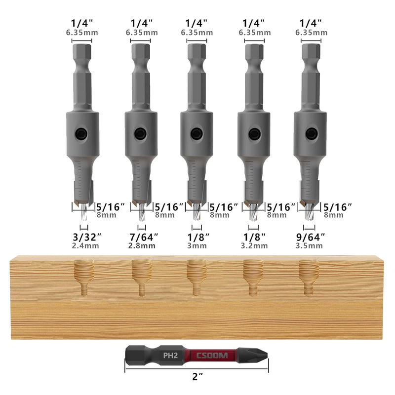 CSOOM Professional 9 PCS Countersink Drill Bit Set with Adjustable Depth Stop, Specific Carbide on Top of Shank, 1/4 Inch Quick Release Hex Shank, for Woodworking