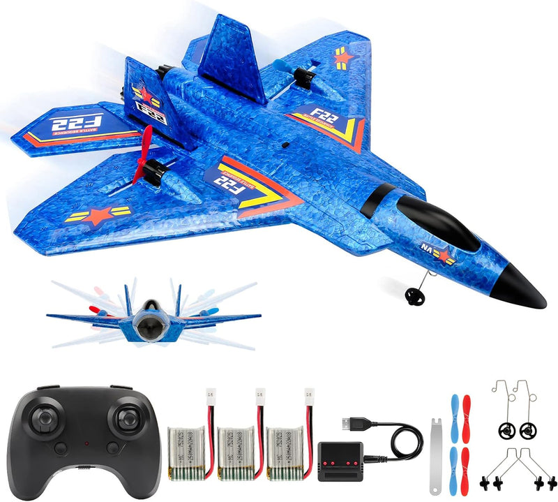 Remote Control Plane RTF F-22 Raptor, 2.4Ghz 6-axis Gyro RC Airplane with Light Strip, Jet Fighter Toy Gift for Kids Beginner (Blue)