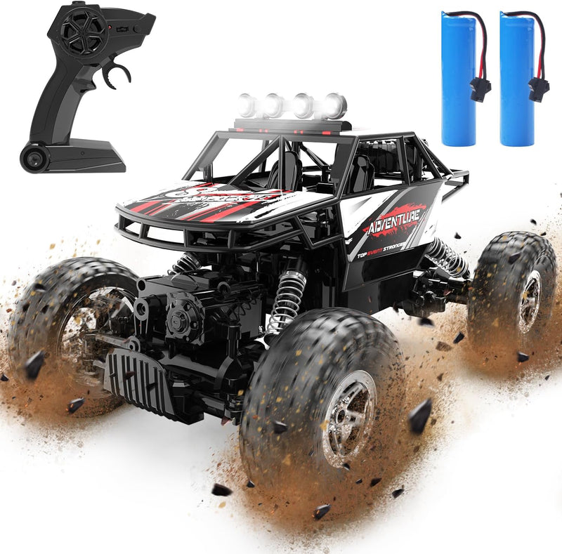 DEERC DE45 RC Cars Remote Control Car 1:14 Off Road Monster Truck,Metal Shell 4WD Dual Motors LED Headlight Rock Crawler,2.4Ghz All Terrain Hobby Truck with 2 Batteries for 90 Min Play,Boy Adult Gifts