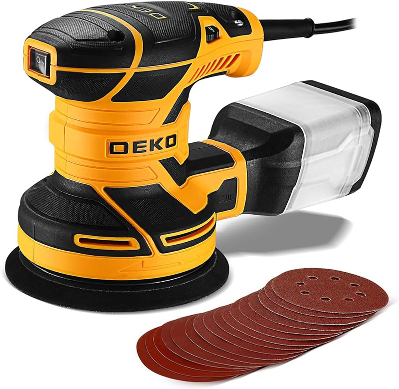 DEKOPRO Electric Sander with 16 Sandpapers, 14000RPM, 5-Inch, High Performance Dust Collection - For Woodworking