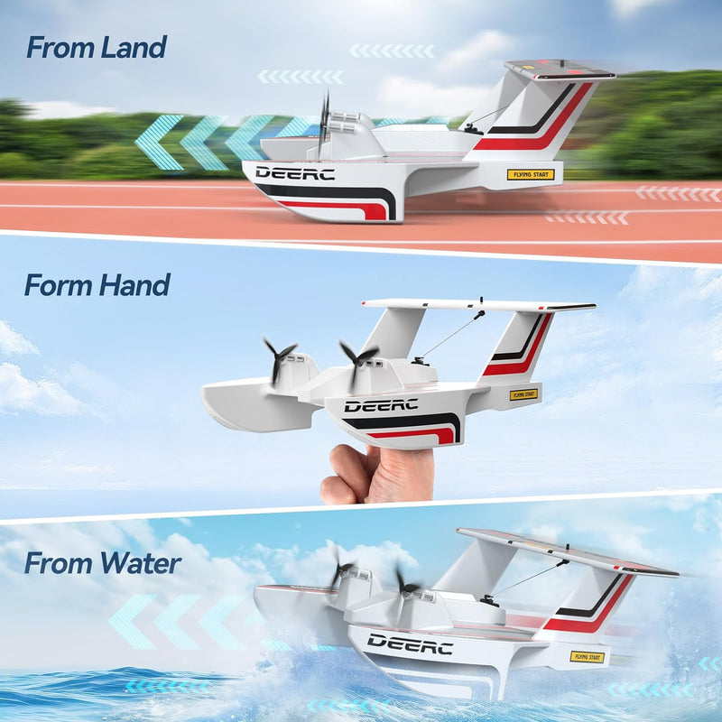 DEERC RC Plane for Water Land & Air, Amphibious Tri-Phibian Aircraft, 3CH Remote Control Plane W/ 2 Batteries, 2.4GHz RTF Airplane Glider for Boy Girl