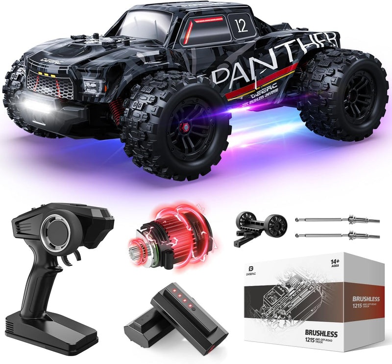 DEERC Photochromic RC Truck, 1/14 RTR Fast RC Cars for Adults, Max 40KM/H Remote Control Car with 2 Li-ion Batteries, LED Lights, 4X4 Off Road Monster Truck All Terrain Toys Car for Boys Girls Kids