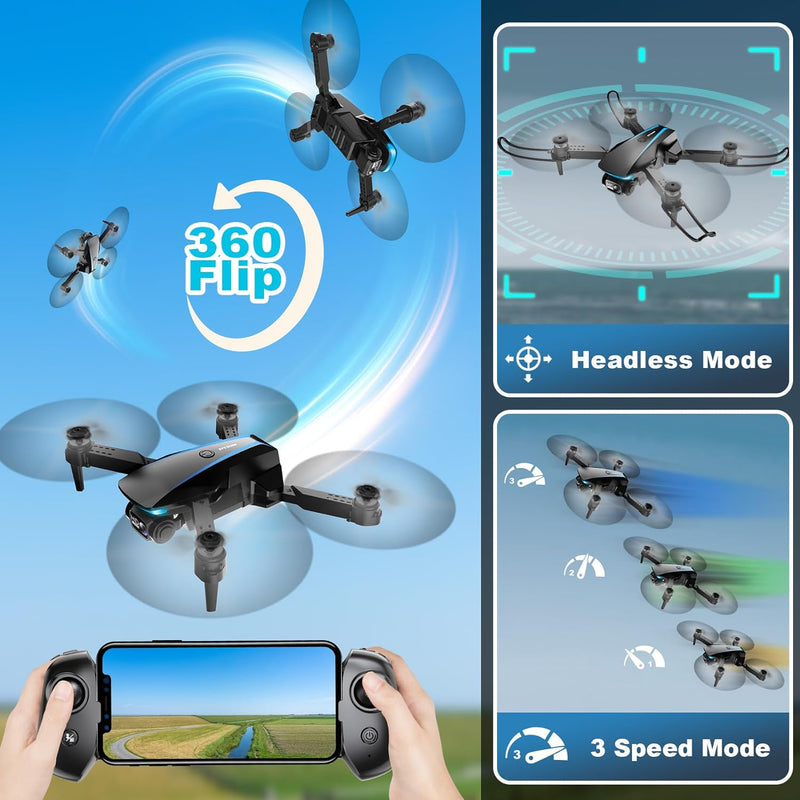 Mini Drone with Camera - 1080P HD Foldable Drone with Stable Hover, Gravity Control, Auto-Follow, Trajectory Flight, 90° Adjustable Lens, One Key Take Off, 2 Batteries, Drones for Adults Kids
