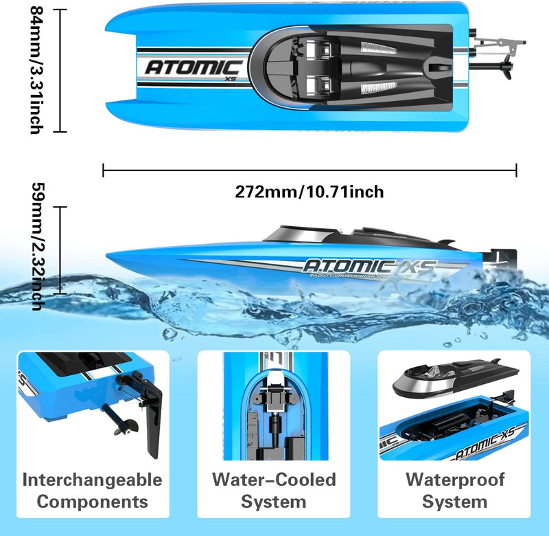 VOLANTEXRC Remote Control Boats for Pools and Lakes 20+MPH AtomicXS High Speed RC Boat for Kids or Adults Toy Boat Gifts with 2 Batteries & Reverse Function (795-5 Blue)