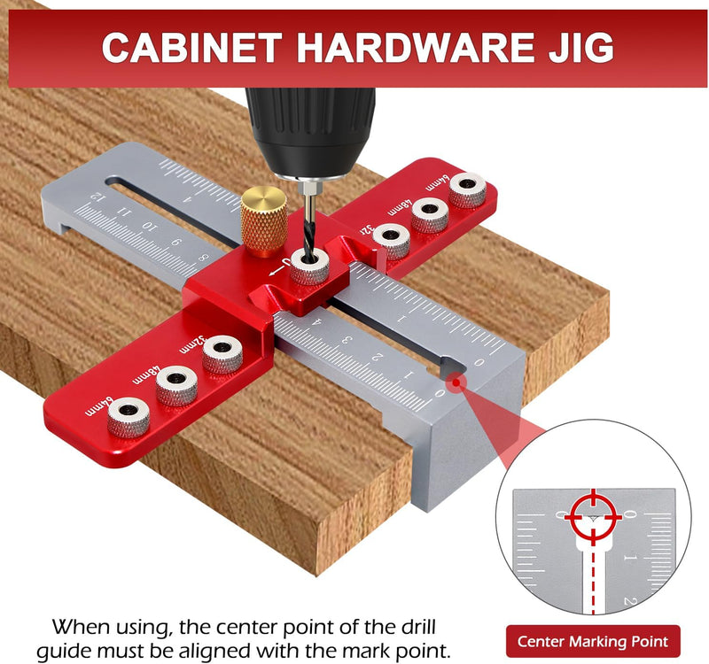 Cabinet Handle Template Tools Cabinet Hardware Jig Drill Guide Cabinet Hardware Dowel Jig Aluminum Alloy Wood Working Jig Accessories with Centering Punch Locator, for Mounting Handles Pulls