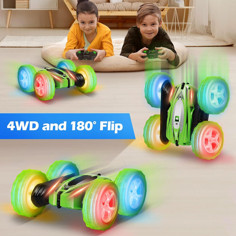 Remote Control Car, 360° Rotating RC Stunt Cars with Wheel lights and headlights,4WD 2.4Ghz Double-Sided Fast and Flips RC Cars for 6-12 Year Old Kids Xmas Toy Cars Gift for Boys Girls(Green)