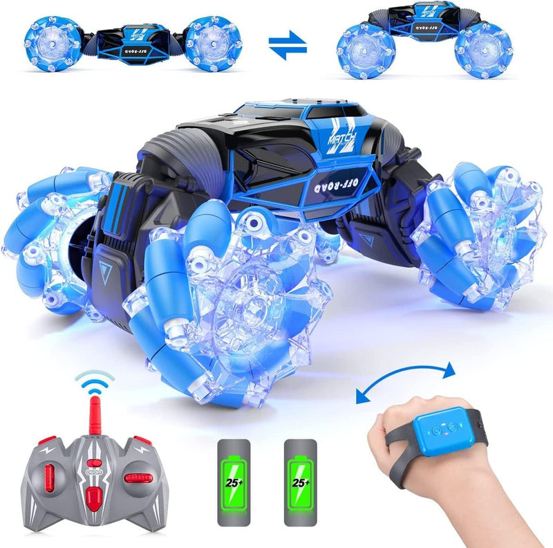 Powerextra LED Gesture Rc Car, 4WD 2.4GHz Remote Control Gesture Sensing Car, Double Sided 360° Rotating Transform Off Road Rc Stunt Car with Lights & Dance for 6-12 Year Old Boys & Girls