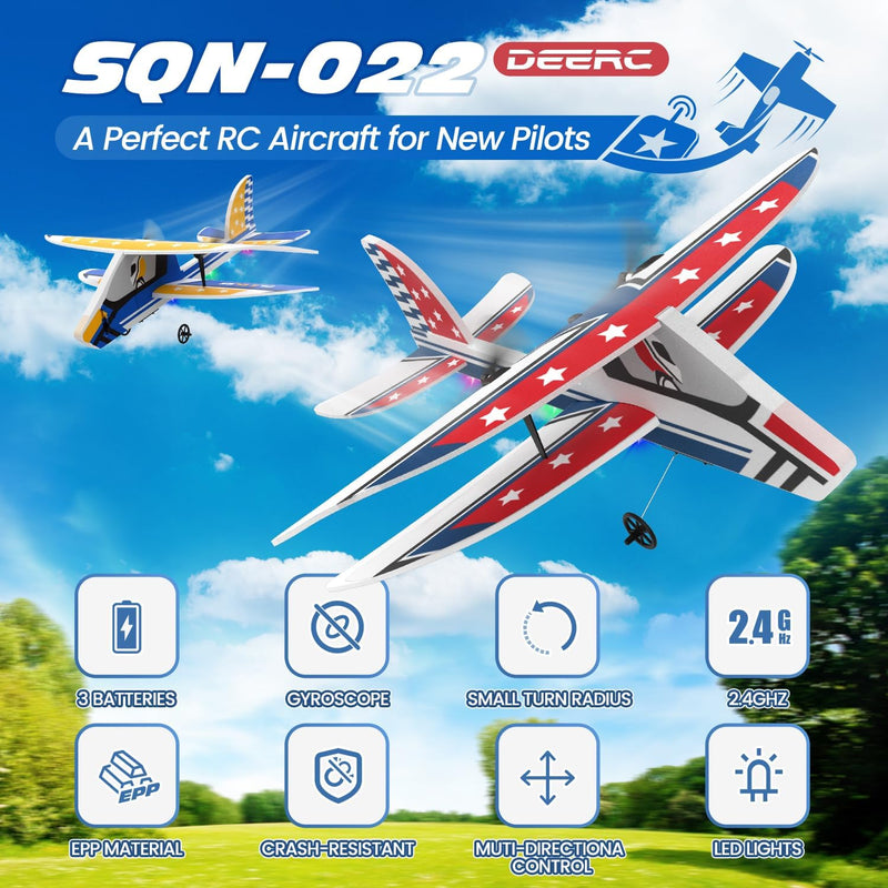 DEERC RC Plane, 2.4GHZ Remote Control Airplane W/ 3 Batteries & 6-axis Gyro Stabilizer, 2CH RTF RC Glider Toy for Beginners Kids Boys Girls Adults