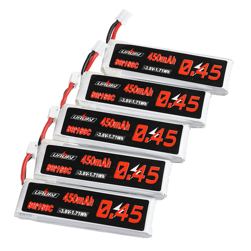 5Pcs URUAV 3.8V 450mAh 80C/160C 1S Lipo Battery PH2.0 Plug for Happymodel Crux3 EMAX EZ Tinyhawk II 75mm Tiny7 Happymodel Snapper7