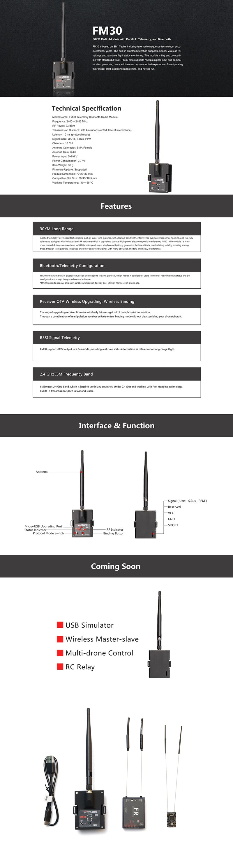 SIYI FM30 2.4GHZ 30KM Telemetry Bluetooth Long Range Transmitter Module UART SBUS PPM Input with FR Mini OTA Receiver for RC Drone