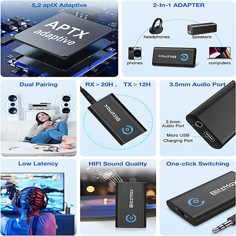 BlitzMax BT05 Transmitter Receiver bluetooth V5.2 Apt Adaptive Low Latency HiFi Sound Dual Link Pairing 2 in 1 Audio Mini Portable Adapter for PC TV Wired Speaker