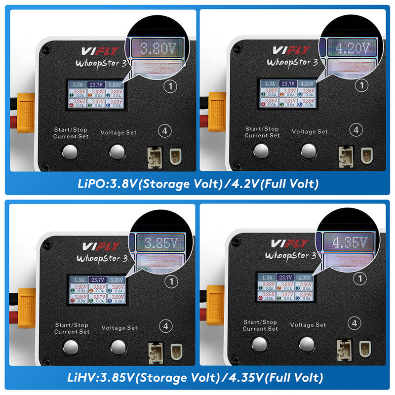 VIFLY WhoopStor 3 40W 1.3A*6 6 Ports DC 1S Lipo Battery Charger Discharger with Storage Function LED Screen Support 4.2V 4.35V LIHV BT2.0 PH2.0 Plug