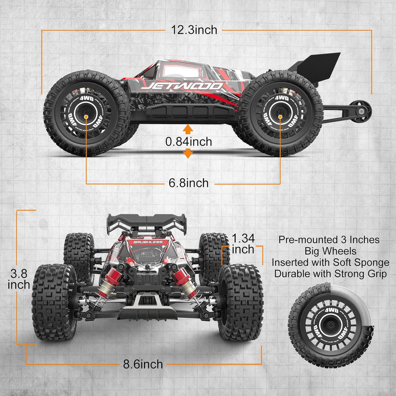 Jetwood 1/16 Fast Remote Control Car for Adults, Electric 4WD RTR Brushless RC Cars, High Speed RC Truck Gifts for Boys, Max 42 mph Offroad Buggy, JC16EP with 2 Lipo
