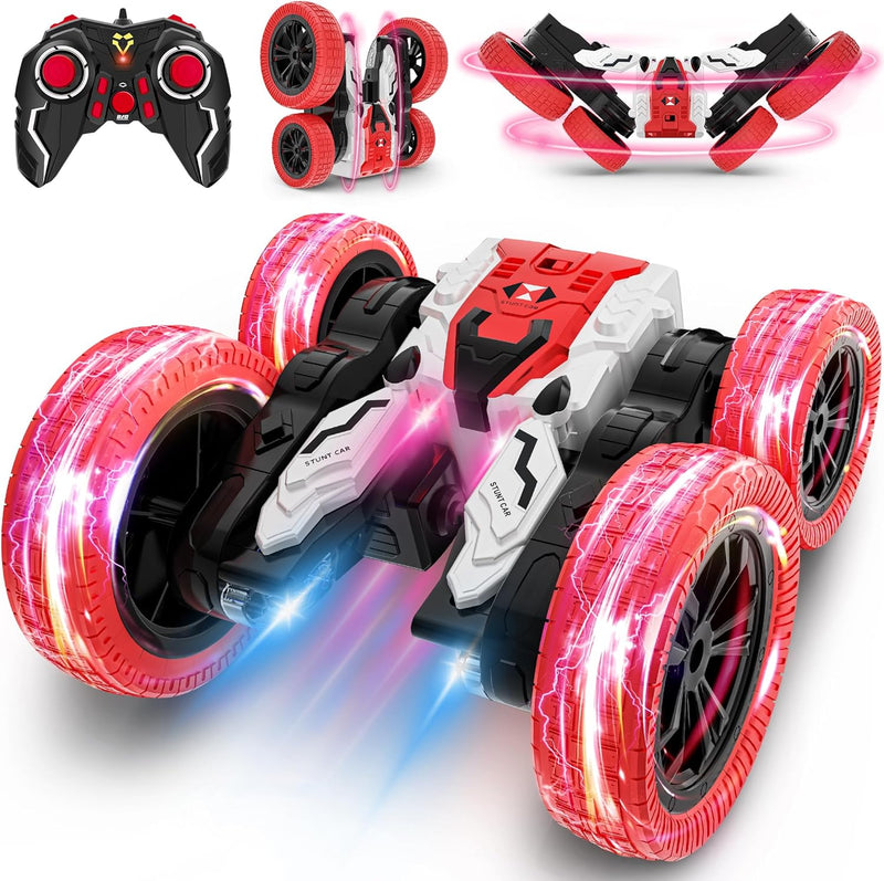 Remote Control Car, Double Sided RC Car, 4WD Off-Road Stunt Car with 360° Flips, 2.4Ghz Indoor/Outdoor All Terrain Rechargeable Electric Toy Cars Gifts for Boys Kids 3 + Year Old (Red)