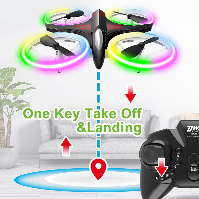 Dwi Dowellin 4.9 Inch Mini Drone for Kids Crash Proof LED Lights One Key Take Off Landing Flips RC Remote Control Small Drones Toys for Beginners Boys and Girls Adults Nano Quadcopter,Black