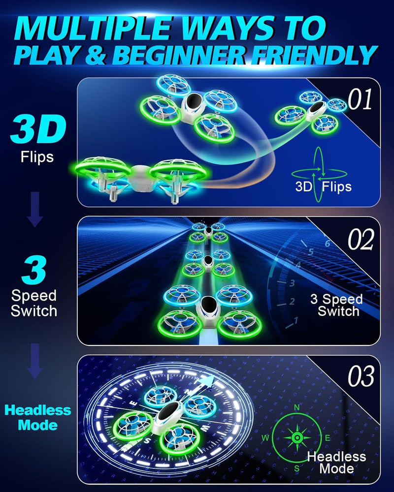 Mini Drone for Kids, Remote Control Drone for Beginners with Headless Mode, Small RC Drone for Kids with Full Propeller Protect, 3 Speeds, 3D Flips, Colorful LED Light, Toys Gifts for Boys Girls, 2 Batteries