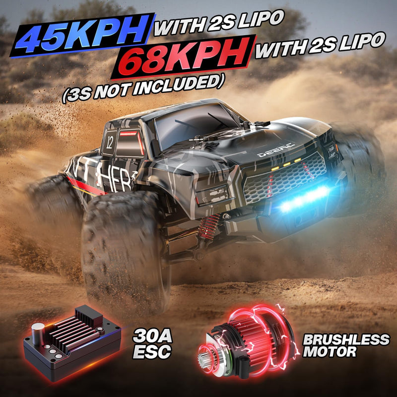 DEERC 1/14 Brushless Fast Extreme 70kph 4X4 Off-Road Truck, 7 Lighting Modes Remote Control with 2 Li-ion Batteries, Electric Large Truggy for Snow Sand