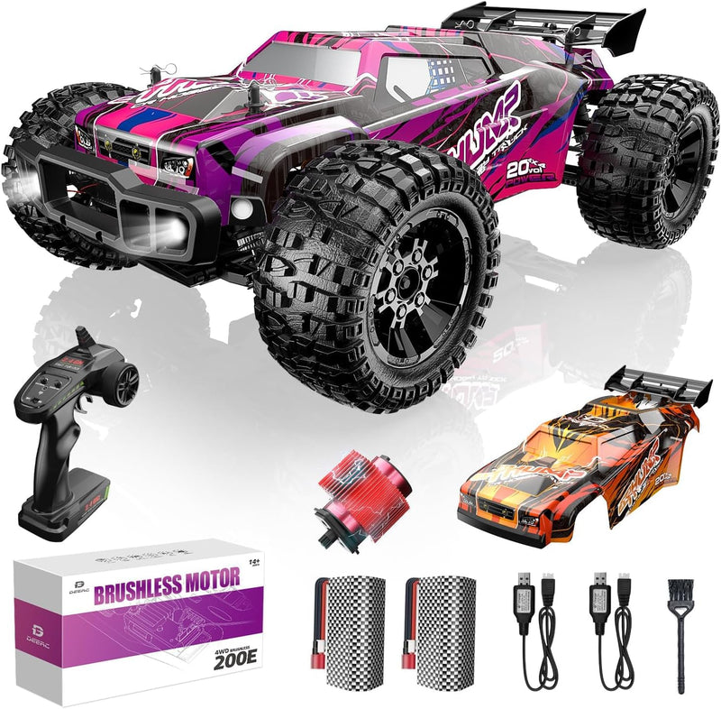 DEERC 200E 1:10 Large 3S Brushless High Speed RC Cars for Adults, 4X4 Fast RC Trucks W/Extra Shell LED Headlight, 60 KM/H, All Terrain Remote Control Car, Offroad Monster Truck for Boys,2 Battery