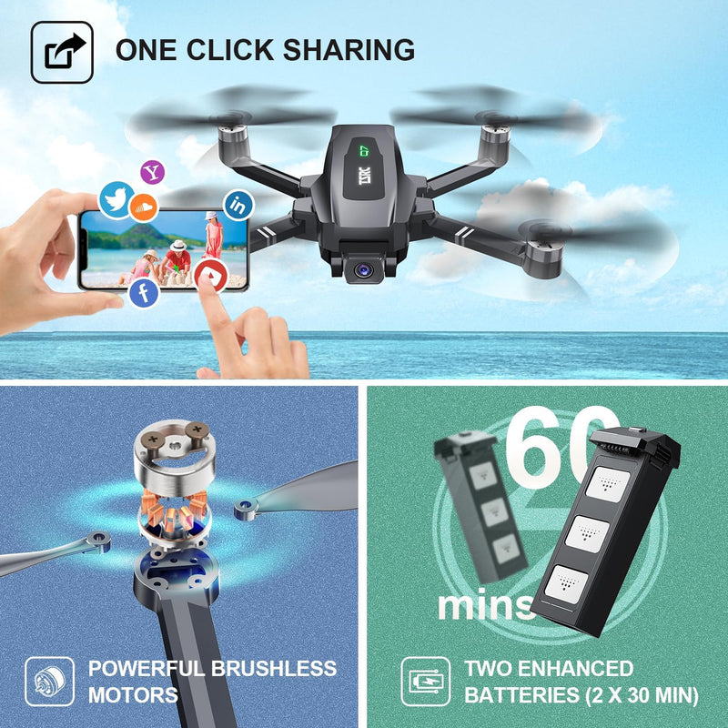 GPS Drone with 4K UHD Camera for Adults, TSRC Q7 Foldable FPV RC Quadcopter with Brushless Motor, Smart Return Home, Follow Me, 60 Min Flight Time, Long Control Range, Includes Carrying Bag