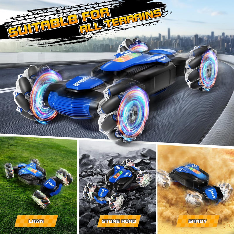Aiqi Remote Control Car,2.4GHz 4WD Gesture Sensing RC Stunt Car with Cool Music and Light,Double-Sided Rotating 360° Flips Car Toy,RC Cars for 6-12 Boys Birthday Gifts（Blue）