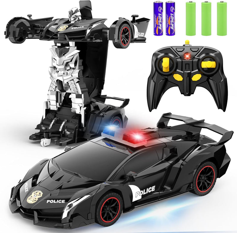 Remote Control Car - Transform , One Button Deformation to Robot with Flashing Light, 2.4Ghz 1:18 Scale Transforming Police Boys Kids Toys Gift with 360 Degree Rotating Drifting