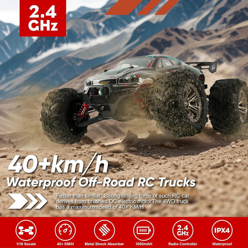 MIEBELY Super RC Monster Trucks, Upgrade 1/16 Scale All Terrain Remote Car, 40KPH High Speed Motor RC Super Truck Cars for Adult, Kid, Up to 262 FT Range, 2 Large Batter