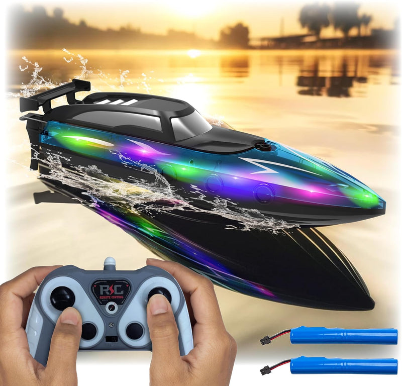 Remote Control Boat for 8-12 and Up – with LED Lights – for Pool and Lake - RC Boats for Kids 8-12 - 2.4 GHZ Remote Controlled Boat- Electric Boat Rechargeable Battery (Blue)