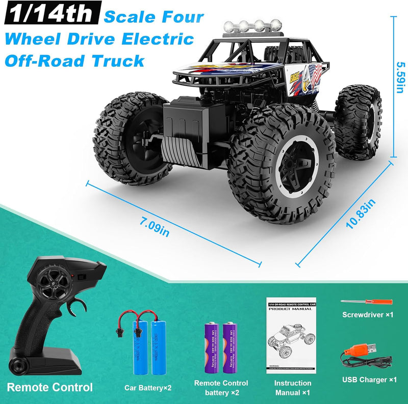 Remote Control Car RC Truck 1:14 Scale All Terrain Off-Road Monster Truck 4WD Electric Vehicle with 2.4 GHz Remote Control,2 Batteries for 90 Minutes Running Time