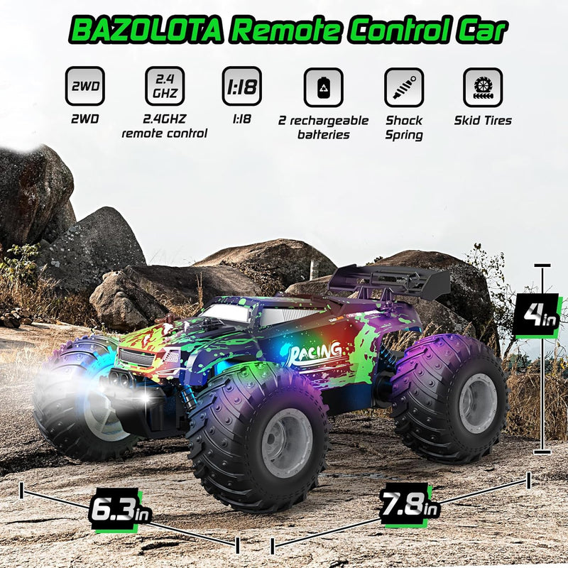 Remote Control Car, 1:18 Scale All Terrain RC Cars, 2WD 20Km/h with Colorful LedLight and Two Rechargeable Batteries, Remote Control Monster Truck Off Road Racing Car Toys for Kids and Boys