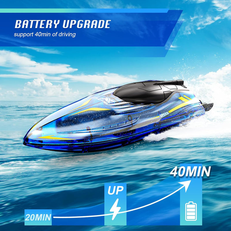 Tecnock RC Boat with LED Lights- 2.4GHz Remote Control Boat for Pool and Lakes, 360° Flip Stunt Racing Boats with 2 Modular Rechargeable Battery, Gifts for 8-12 Boys Girls Kids