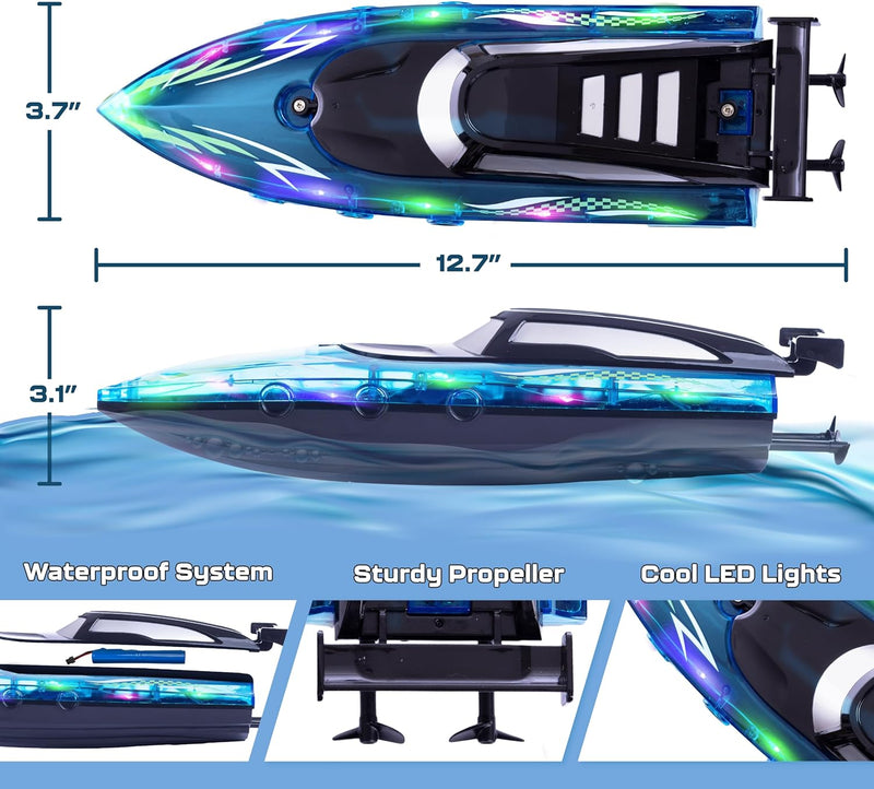 Remote Control Boat for 8-12 and Up – with LED Lights – for Pool and Lake - RC Boats for Kids 8-12 - 2.4 GHZ Remote Controlled Boat- Electric Boat Rechargeable Battery (Blue)