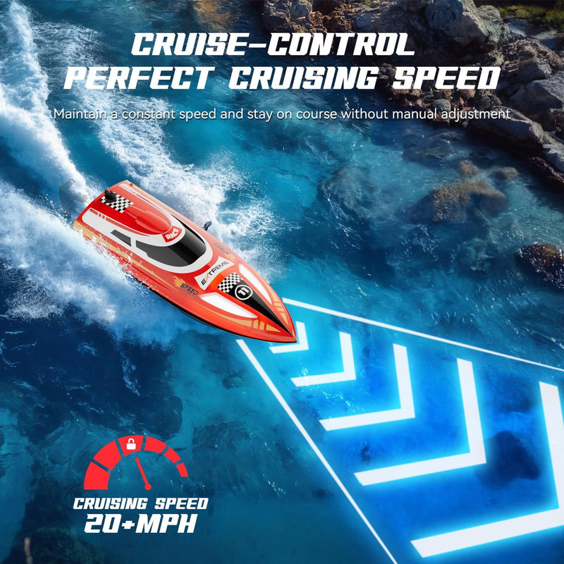 RC Boat for Adults & Kids, 60Min, Remote Control Boat for Lake River & Pool with Cruise-Control 30KPH, Self-Righting, LED Light, One Key Demo, Fast Speed Racing Sailboat, 2 Batteries