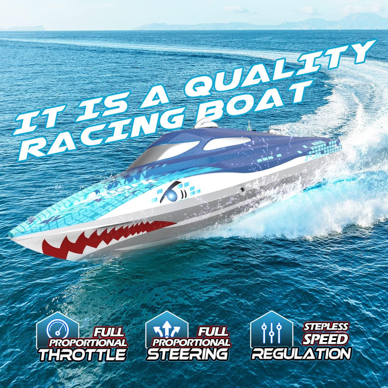 DEERC Full Proportional Remote Control Boat with LED Lights, Shark Graffiti, 20+ MPH,2.4GHz High Speed RC Racing Boats for Lakes,Pool Toys for Kids & Adults