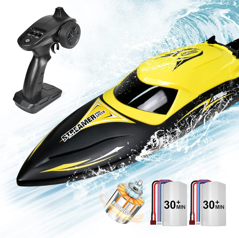 Hosim Brushless RC Boat, Fast Remote Control Boats 2.4GHz Racing Boat with LED Lights for Seas, Pools & Lakes, Speed Boat Toy for Adults Boys & Girls,2 Batteries for 40+Min Play (Yellow)
