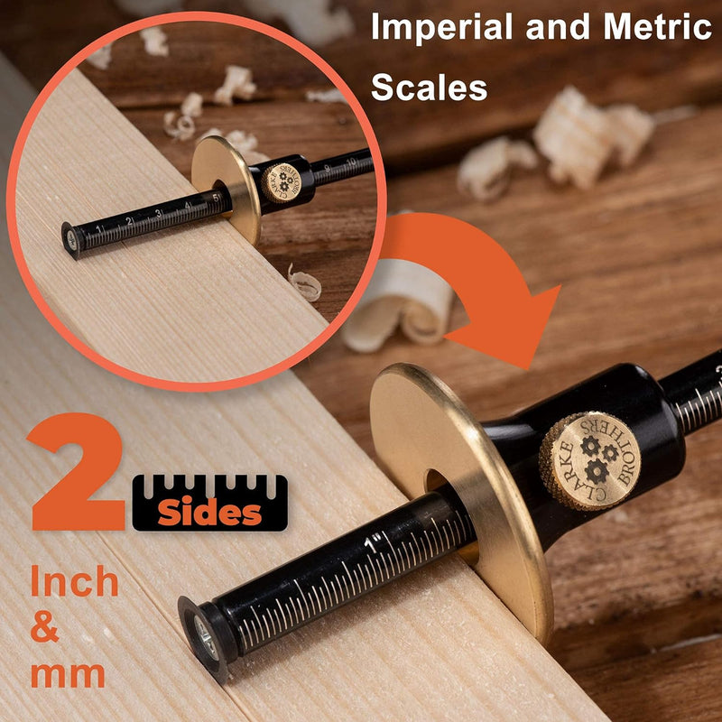 clarke Brothers Wheel Marking Gauge - Woodworking Scriber Kit With 2 Replacement Cutters Wood Tools Graduated Inch & MM Scale Solid Metal Bar Scribe Tool For Carpenter