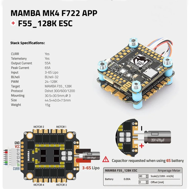 30.5*30.5mm MAMBA Stack MK4 F722 APP 55A 6S 32bit 128K Flytower MPU6000 for FPV Racing RC Drone
