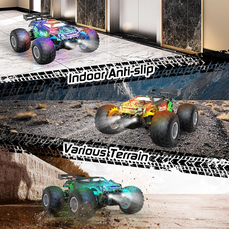 Remote Control Car, 1:18 Scale All Terrain RC Cars, 2WD 20Km/h with Colorful LedLight and Two Rechargeable Batteries, Remote Control Monster Truck Off Road Racing Car Toys for Kids and Boys