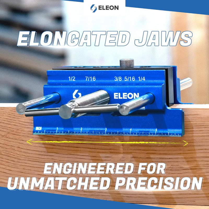 Eleon - Self Centering Dowel Jig with Elongated Jaws and Extra Wide Clamp - Precision Woodworking Made Effortless - Lasting Craftsmanship - Durable Aluminum Alloy Dowel Drill Guide - Blue