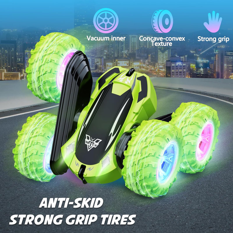 KKONES Remote Control Car, 2.4GHz Electric Race Stunt Car, Double Sided 360° Rolling Rotating Rotation, LED Headlights RC 4WD High Speed Off Road Gift for 3 4 5 6 7 8-12 Year Old Boy Toys (Green)