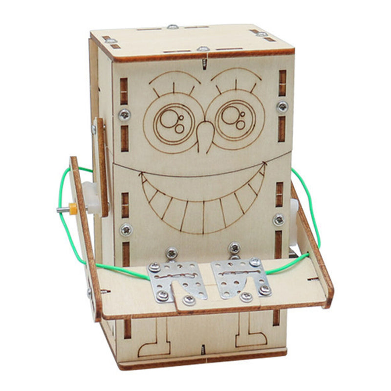 Wooden Electric Powered Coin-Eating Robot Manual DIY Puzzle Assembly Technology Small Production Creative Invention Mechanical Science Toy