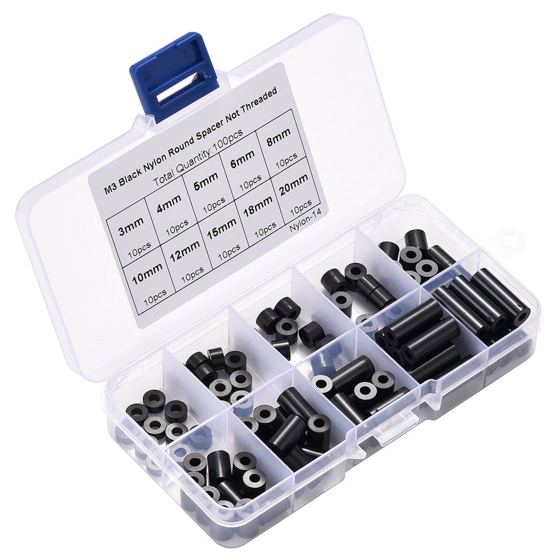 100pcs M3 Black Nylon Round ABS Metric Spacer Insulation Plastic Standoff Not Threaded for Screw Assortment Kit Set