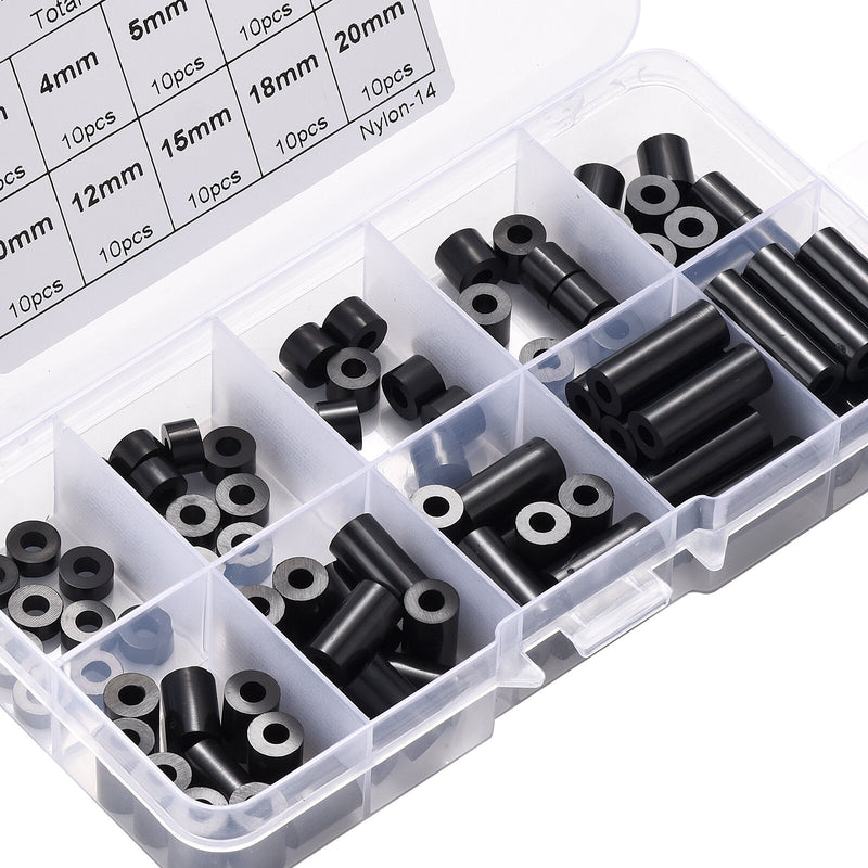 100pcs M3 Black Nylon Round ABS Metric Spacer Insulation Plastic Standoff Not Threaded for Screw Assortment Kit Set