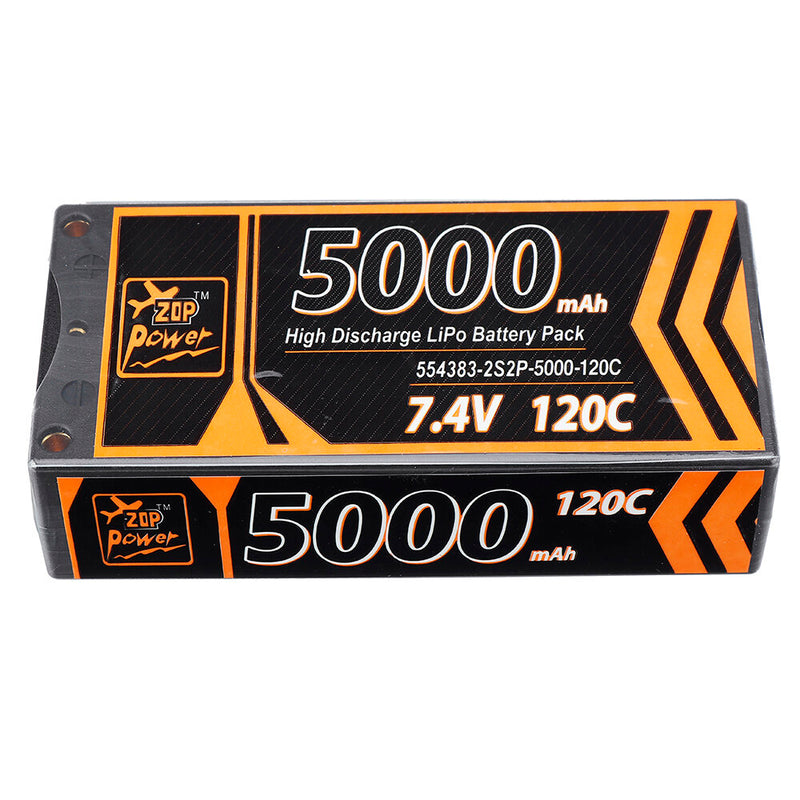 ZOP Power 7.4V 5000mAh 120C 2S Lipo Battery T Deans Plug Hard Case for RC Car