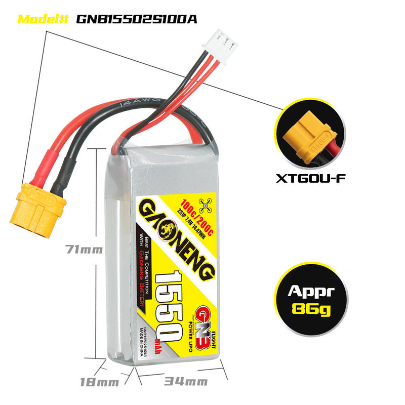 Gaoneng GNB 7.4V 1550mAh 100C 2S LiPo Battery XT60 Plug for RC Drone