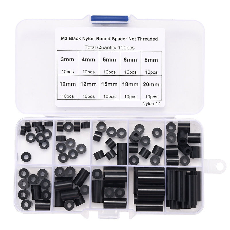 100pcs M3 Black Nylon Round ABS Metric Spacer Insulation Plastic Standoff Not Threaded for Screw Assortment Kit Set