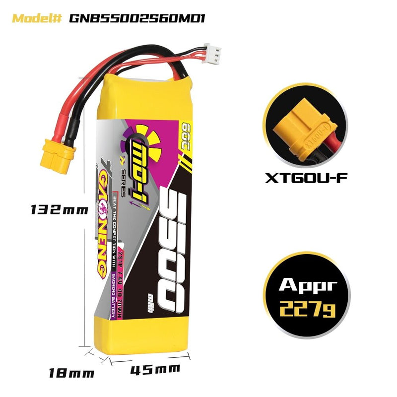 Gaoneng GNB 7.4V 5500mAh 60C 2S LiPo Battery T Plug / XT60 Plug for 1/10 and 1/8 scale RC Hobby Models RC Boat