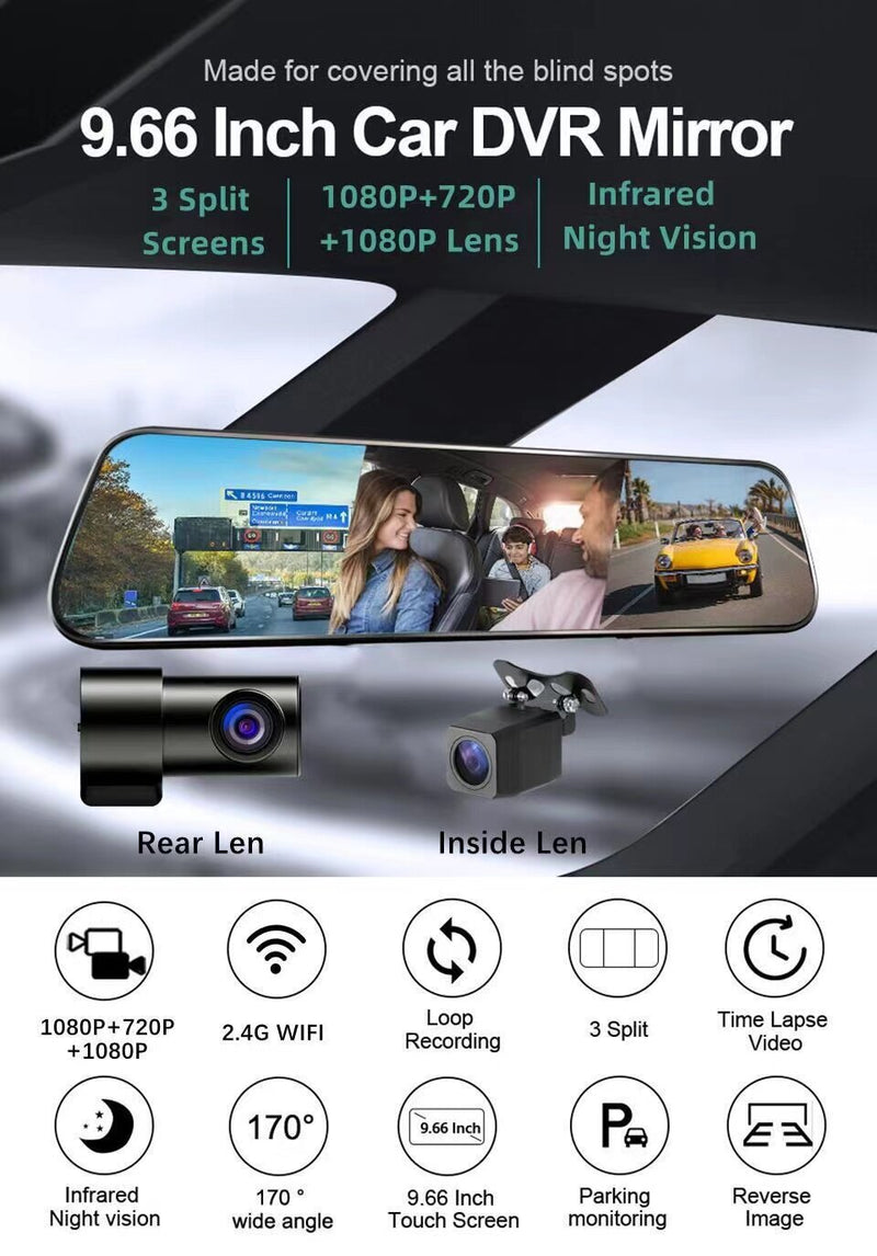 9.66 Inch Three-Lens Car Driving Recorder Rearview Mirror Wifi High-Definition 1080P Reversing Image Full-Screen Touch Three-Recorder