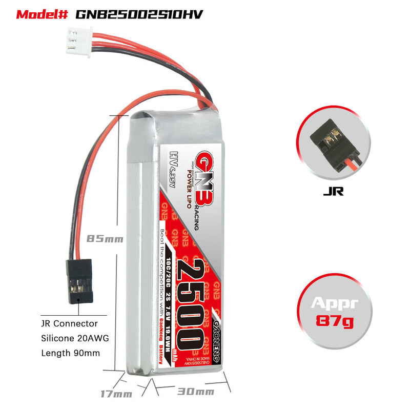 Gaoneng 7.6V 2500mAh 10C 2S LiHV Battery JR Plug for 1/10 1/8 RC Car