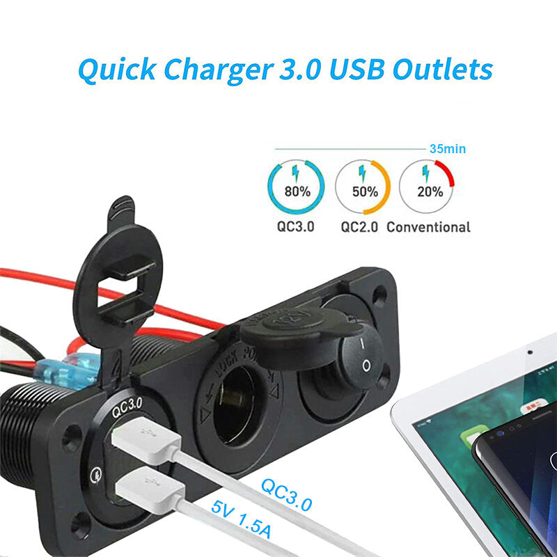 12V 3 in 1 Car Charger Socket Waterproof Dual USB QC3.0 Outlet Panel Toggle Switch Voltmeter for RV Marine Boat