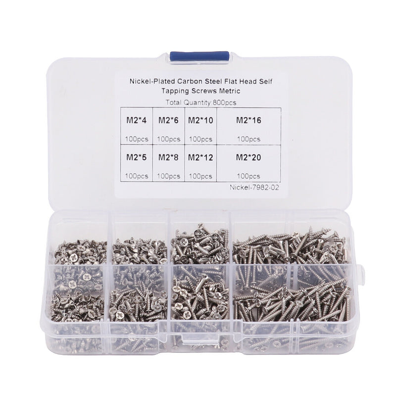 800pcs M2 Screw Assortment Kit M2 Cross Drive Flat Head Self-Tapping Screws Nickel-Plated Carbon Steel Wood Screws Kit with Box